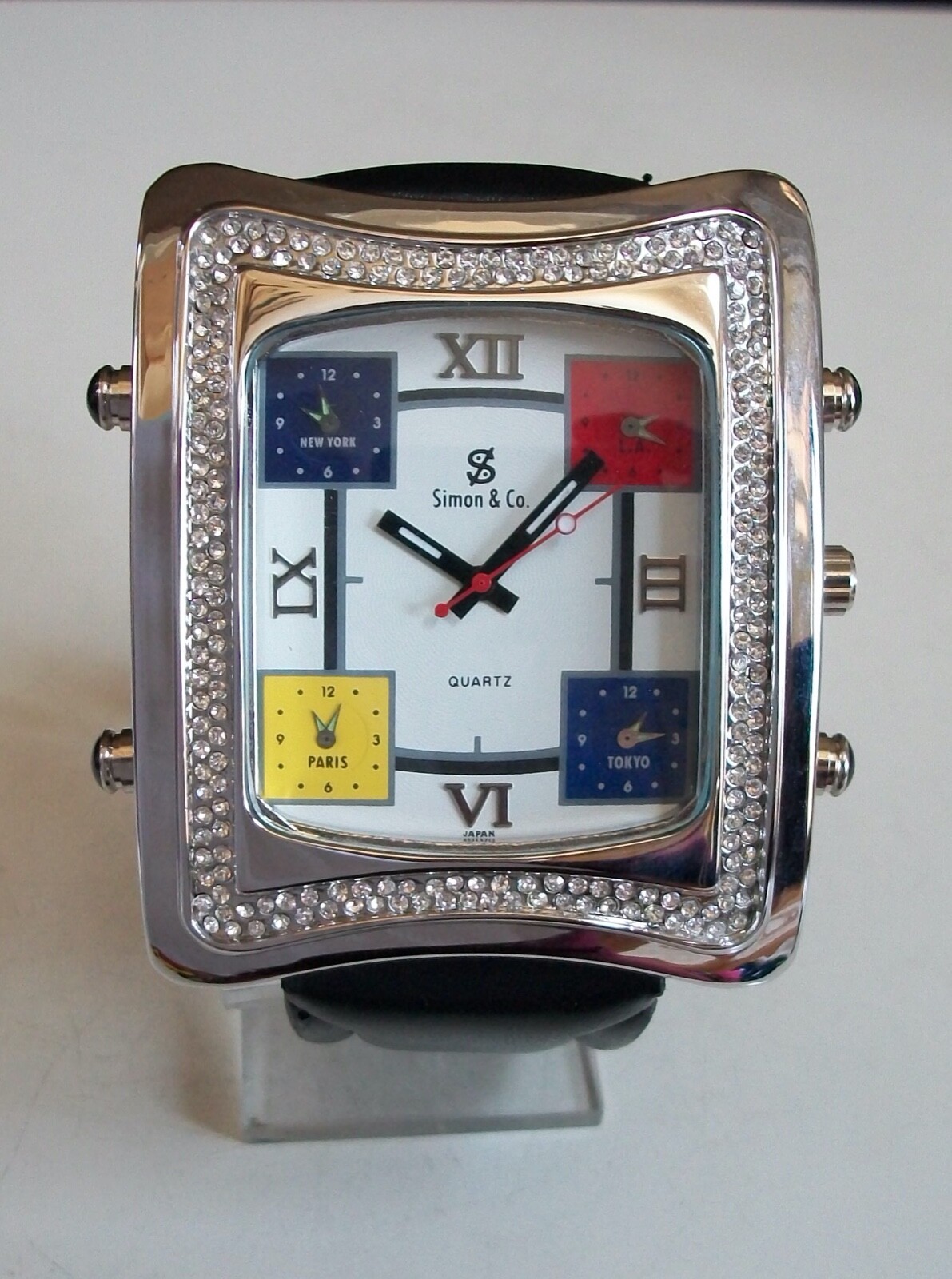 Men’s Silver Trim Multicolor Dial Black Leather Band Fashion Hip Hop Stone Watch