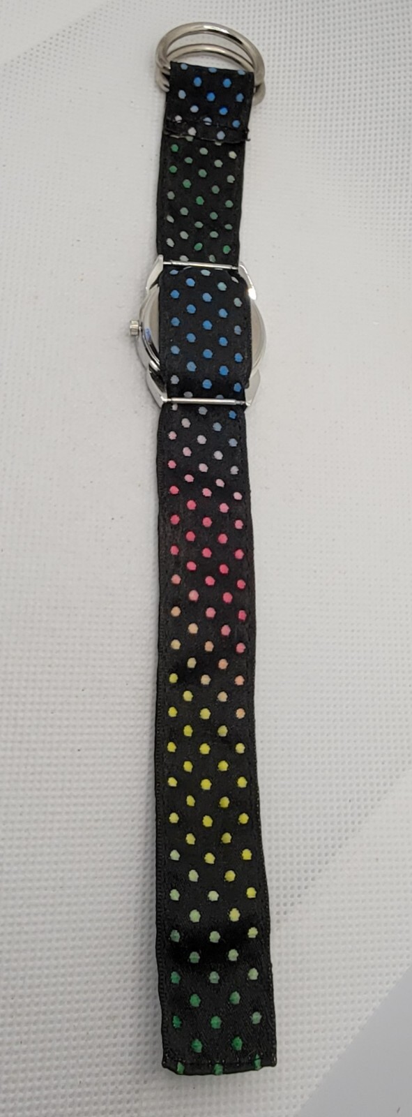Ladies Trendy Round Silver Tone Black Multicolor Polka-Dot Nylon Band Watch J8