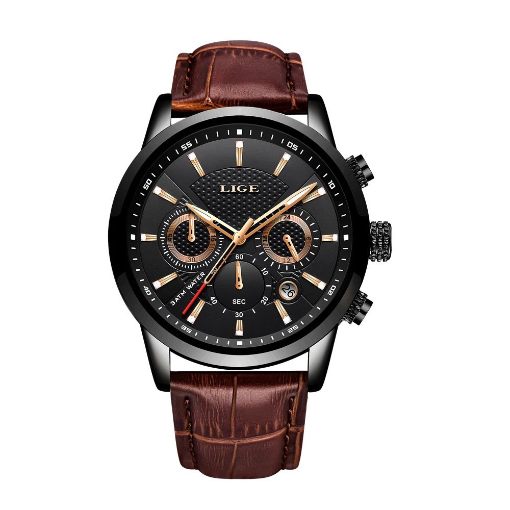 LIGE Men’s Luxury Chronograph Leather Strap Quartz Watch Waterproof Analog Date