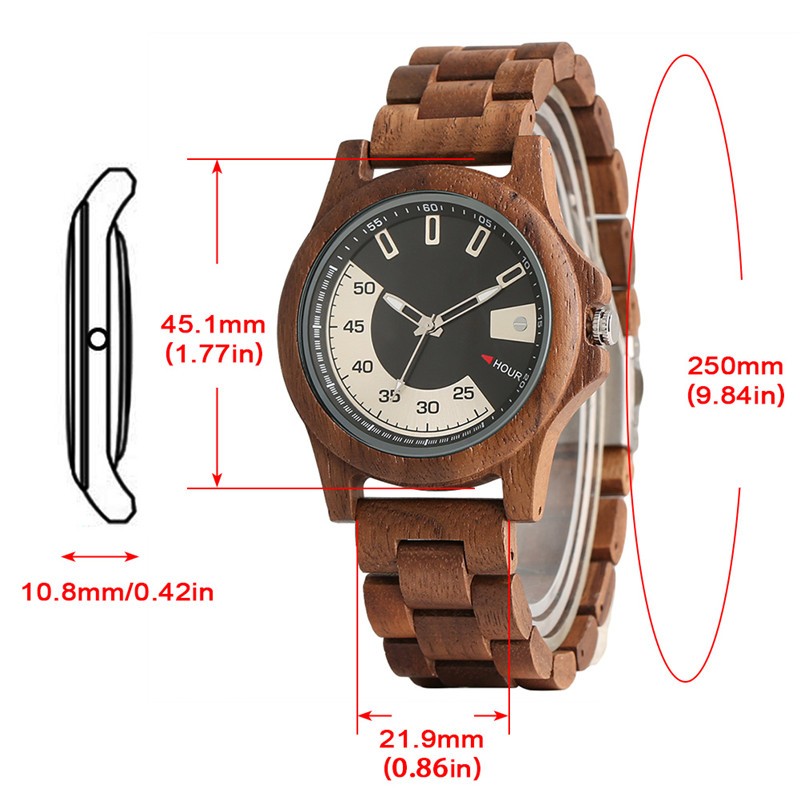 Natural Wood Watch for Men Handcrafted Quartz Adjustable Wooden Strap Unique
