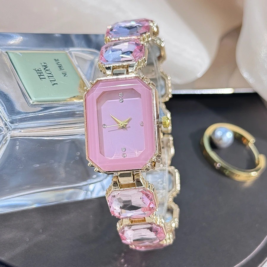 Square Case Quartz Wrist Watches for Women Faux Gem Strap Bracelet Banquet Watch