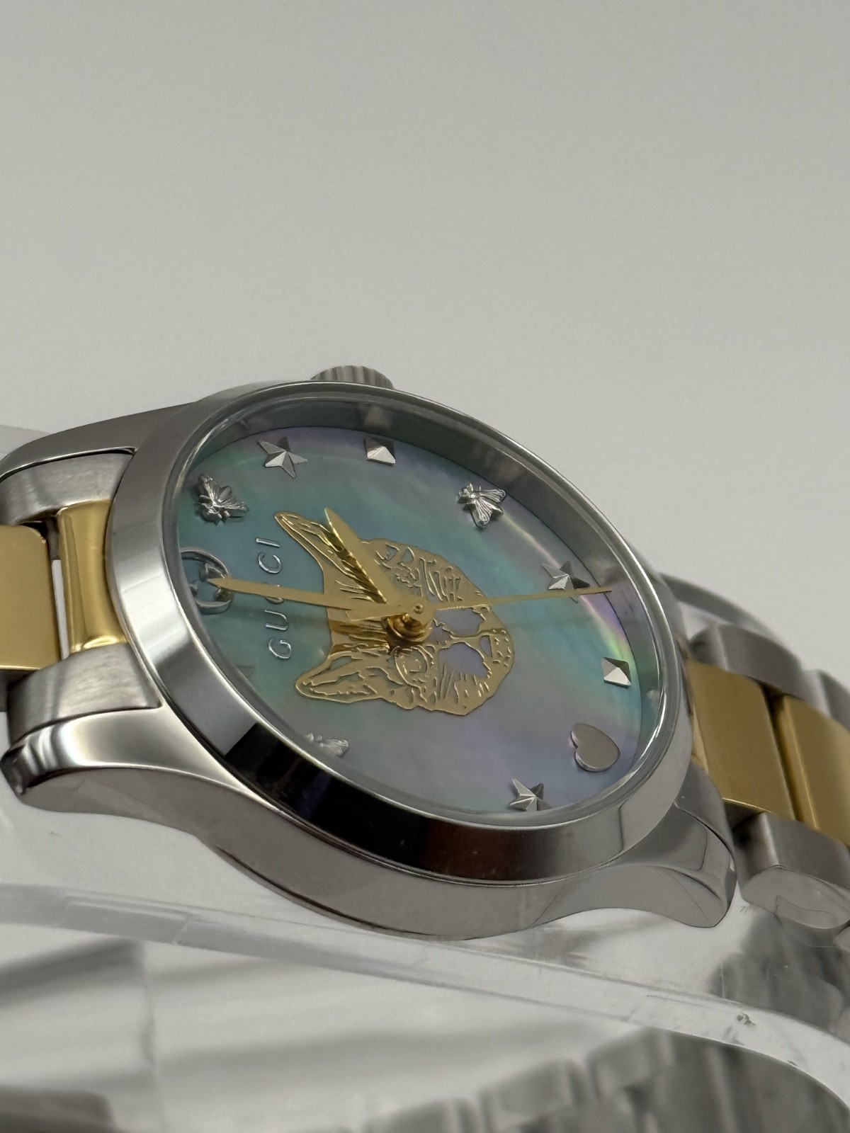 Gucci G Timeless Quartz MOP Blue Dial Two Tone Steel Strap Watch YA1265011