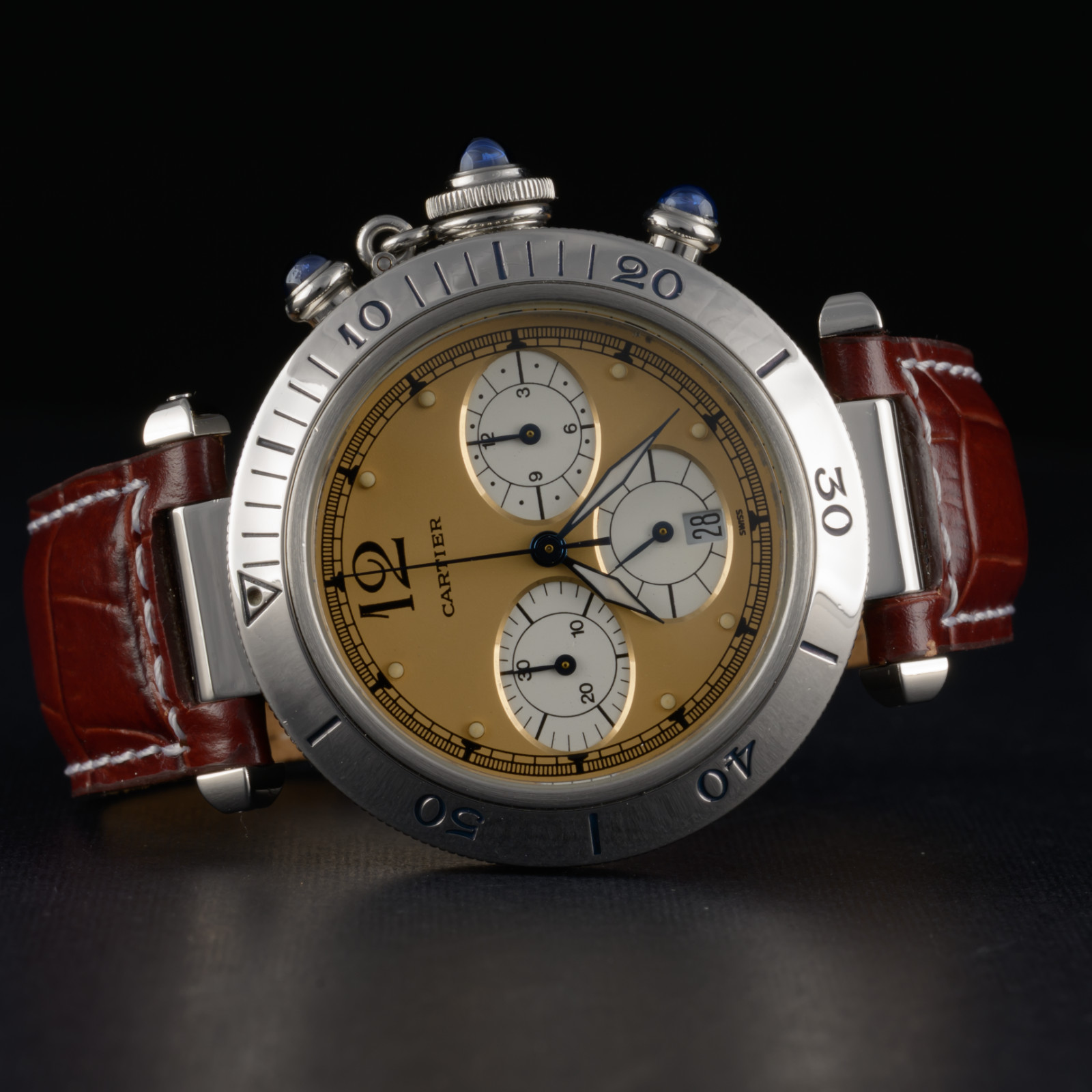 Serviced Cartier Pasha Chronograph 4030 Brown Dial 38mm Quartz Watch + Box