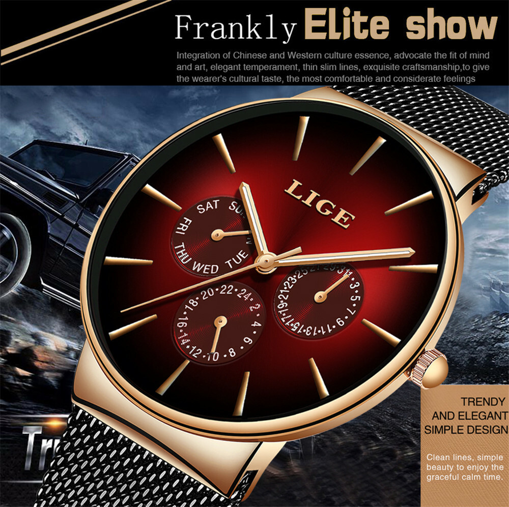 LIGE Men Watches Fashion Ultra-Thin Dial Male Business Weekdays Steel Wristwatch