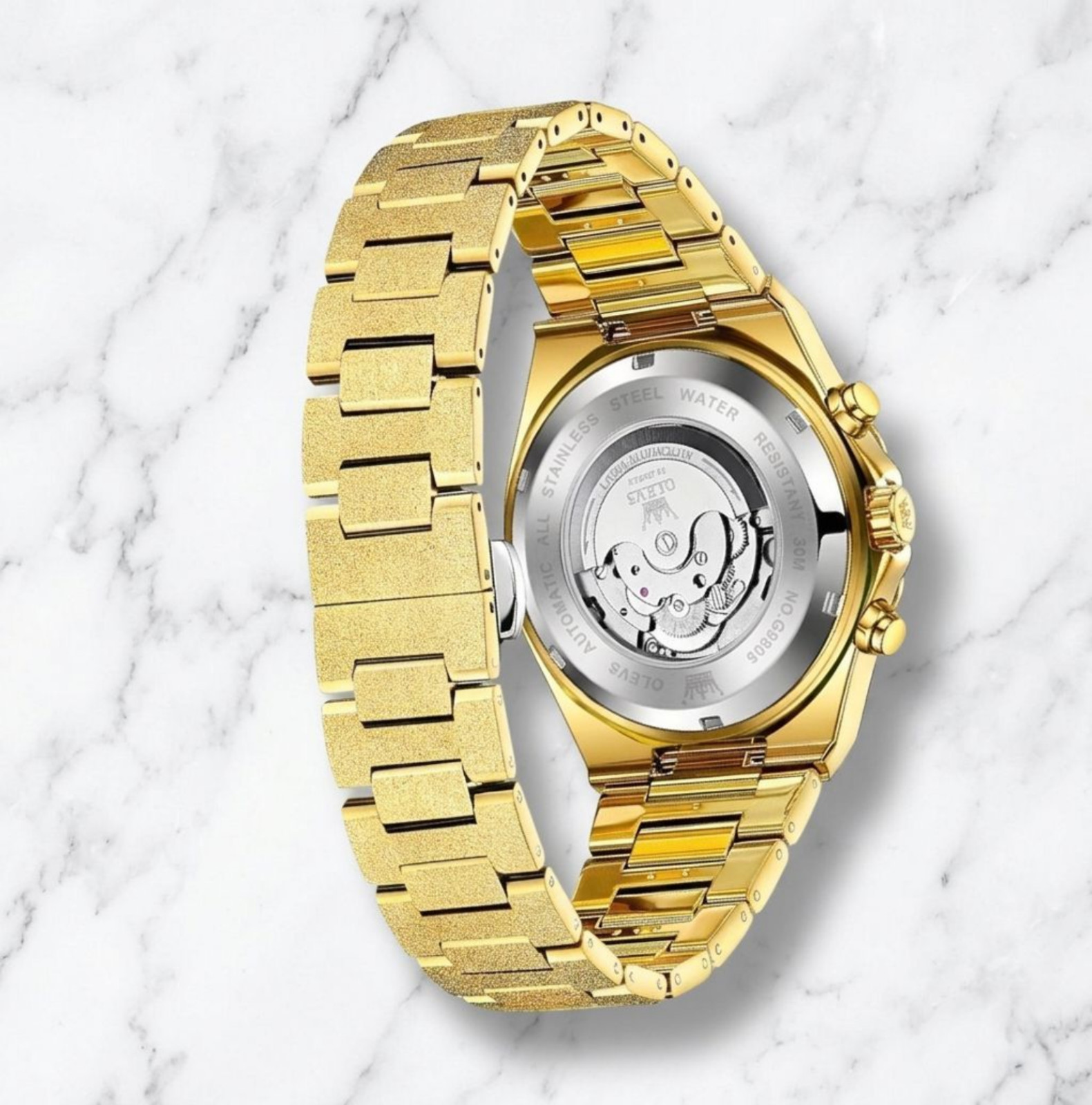 Men’s Luxury Jewel Business Watch Self Winding Wristwatch Gold Dial Bling Olevs