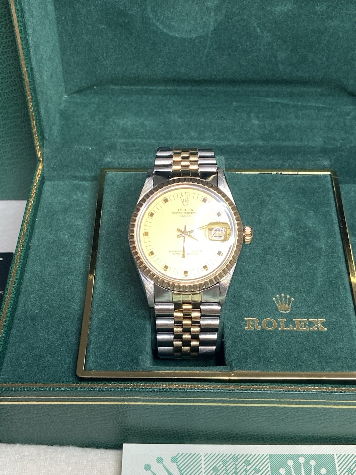 ROLEX ♛ Oyster Perpetual Date 15053* SS & 18K B & P’s With Extra Dial ~Preloved