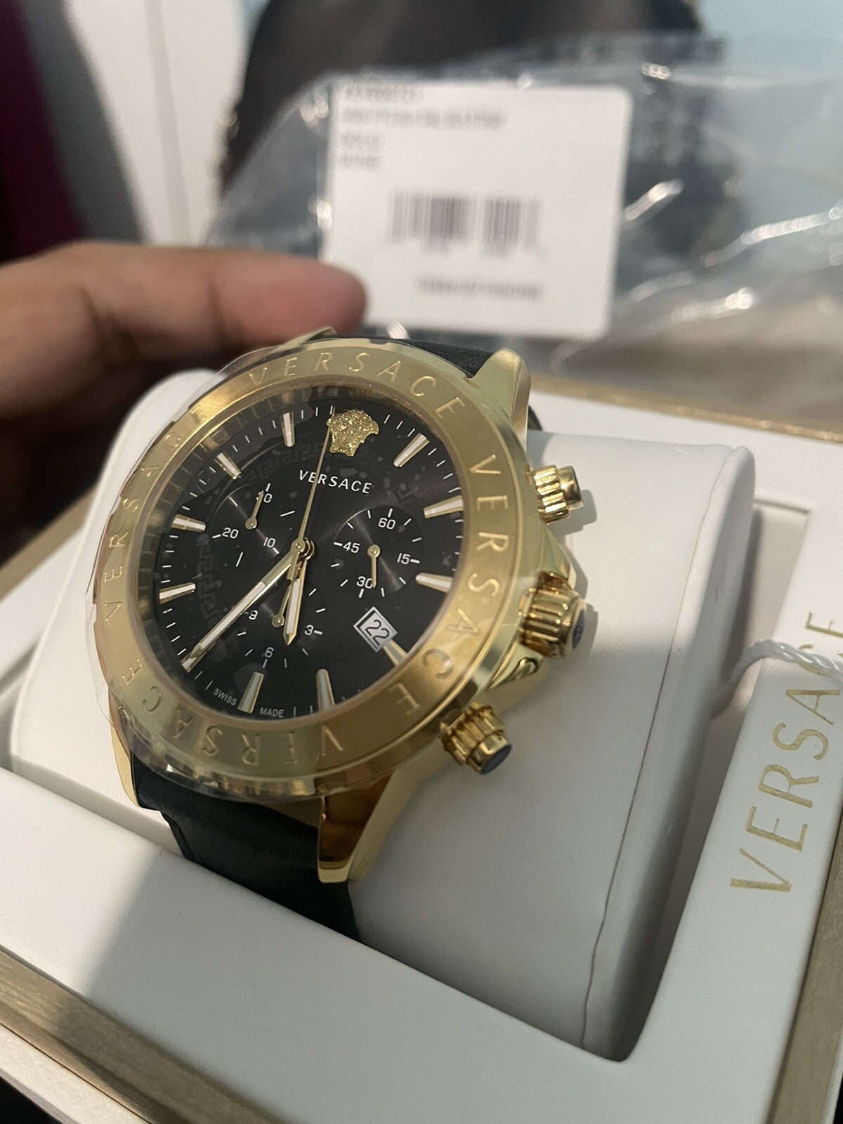 Versace Mens Gold 44 mm Chrono Signature Strap Watch VEV600721