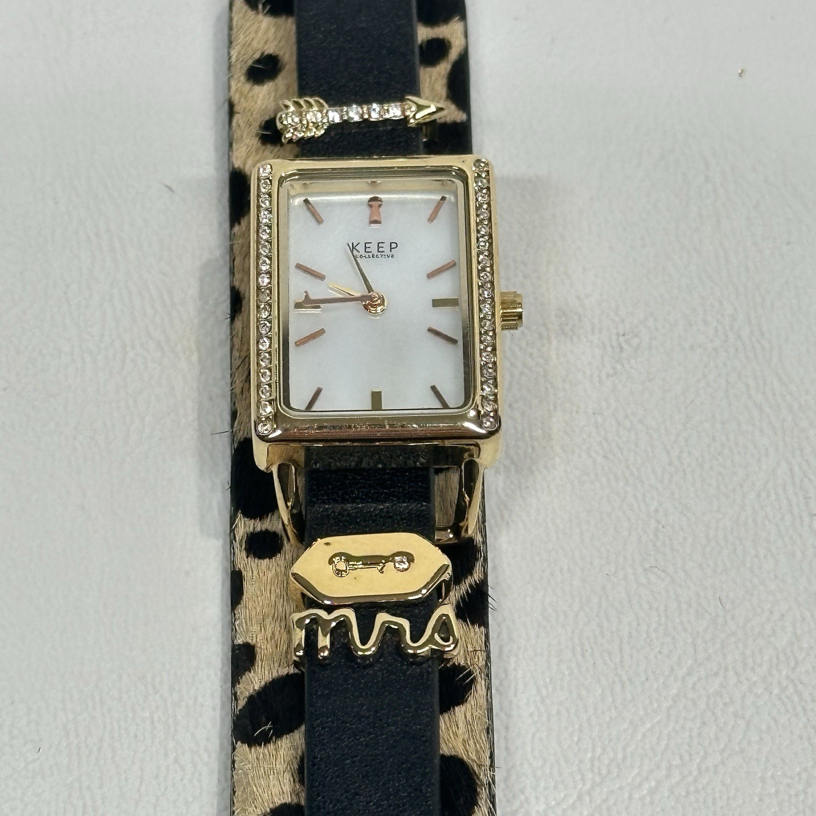 KEEP COLLECTIVE Gold Tone Watch Crystals CharmsReversible Black Brown Band Cuff
