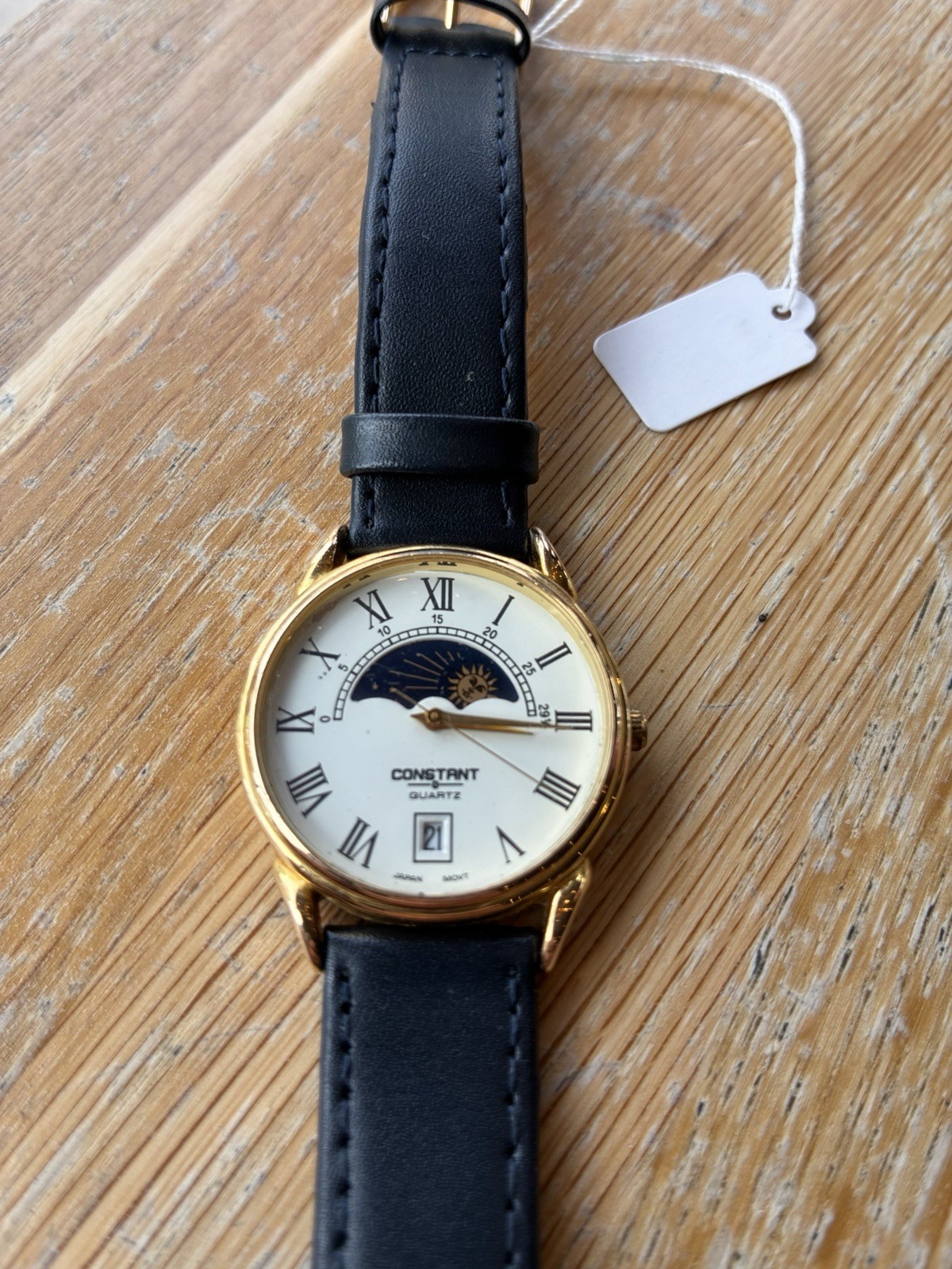 Vintage Constant Sun Moon Phase Quartz Watch Gold Tone Roman Dial Japan Movt 90s