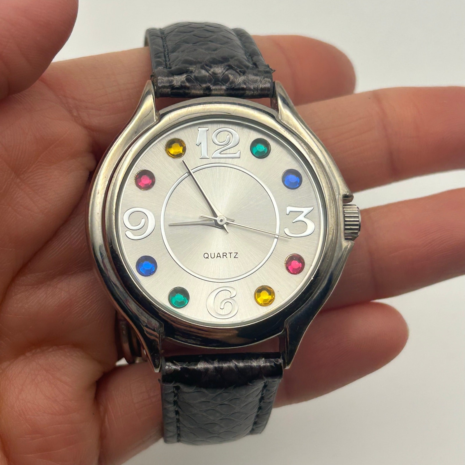 Accutime Multicolor Crystal Dial Quartz Watch Silver Tone Black Leather Band
