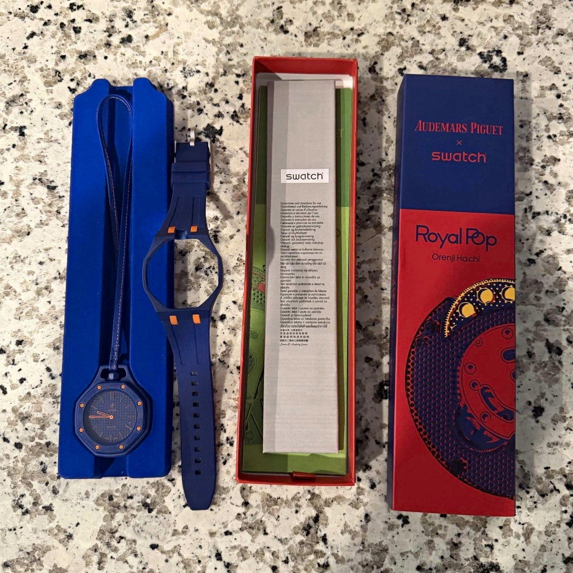 Swatch Royal Pop Orenji Hachi Analog Quartz Watch Blue Octagon Case Rubber Strap