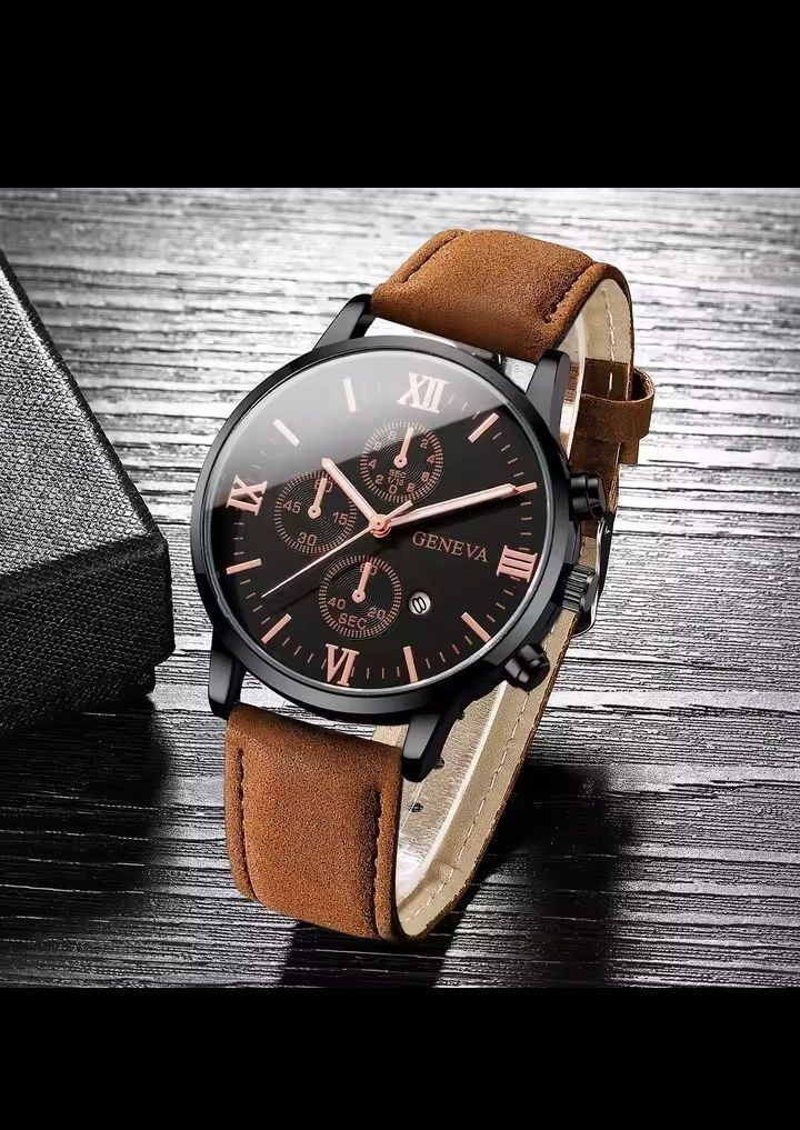 1PCs Business Men’s Quartz Analog Watch with Single Calendar and PU Strap