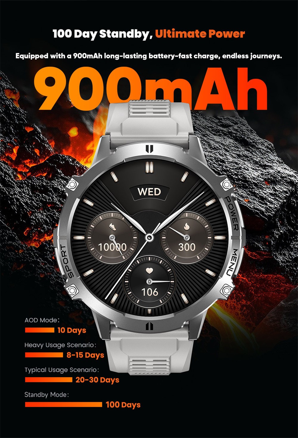 Men Smart Watch 1.73” Altitude Barometer Heart Rate Monitor Outdoor Sport Watch
