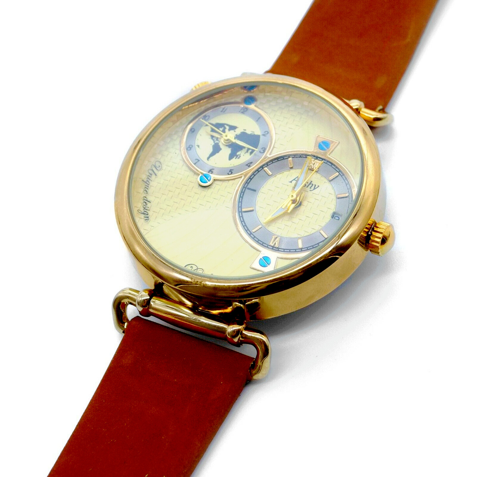 World Charterer Unisex Gold Watch Brown Leather Strap Sporty Classic Style