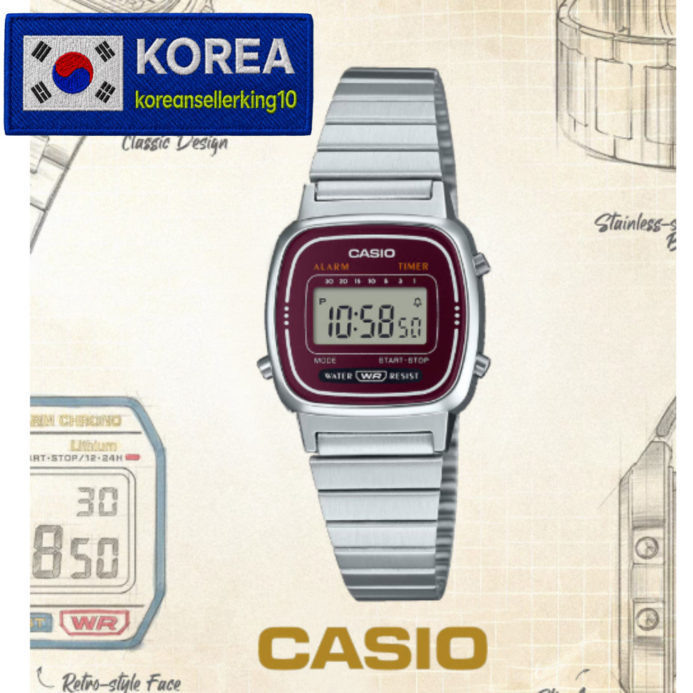Casio LA670WA-4 Vintage Digital Women Watch Silver Burgundy New Box