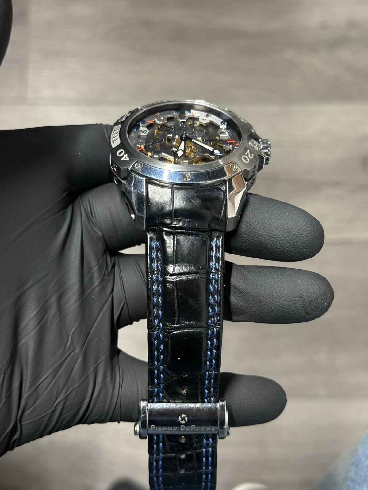 Pierre DeRoche TNT 47.5 mm ROYAL RETRO Skeleton 100m Leather Strap