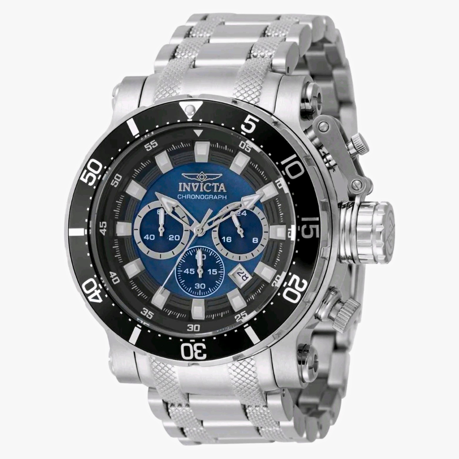 Invicta Men’s Chronograph Date Blue Dial Black Bezel Stainless Bracelet Watch