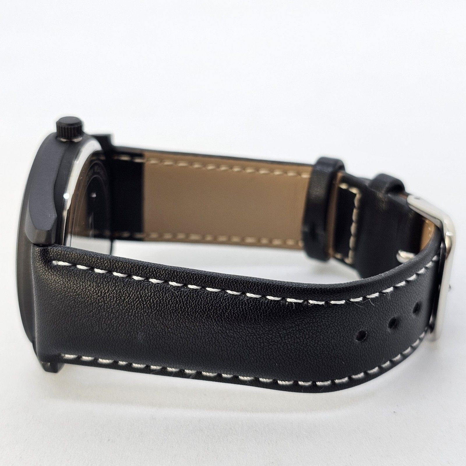 Men’s Field Watch 42MM Large Case Black Dial Black White Leather Band Straps