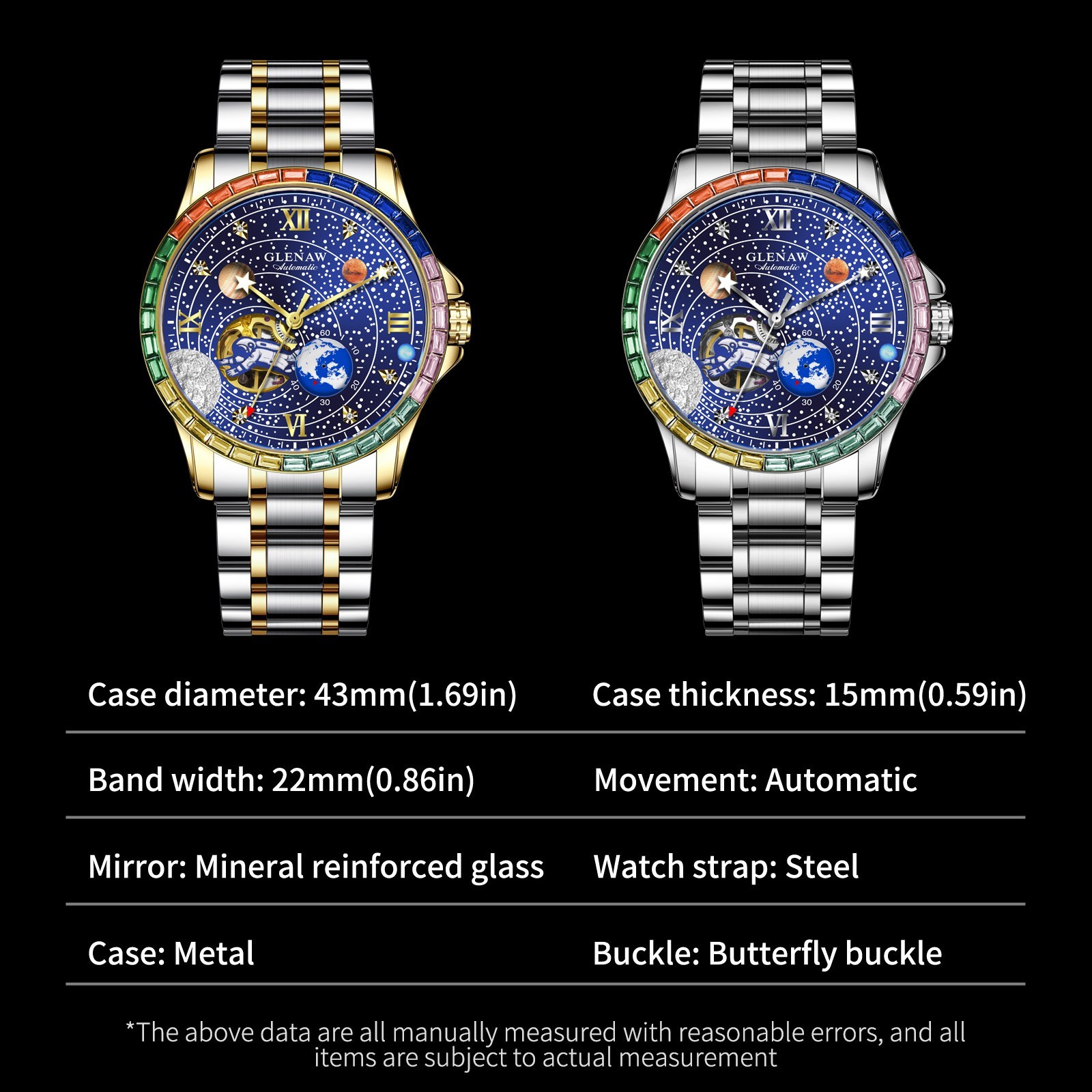 GLENAW automatic winding hollow men’s mechanical watch luminous dial waterproof
