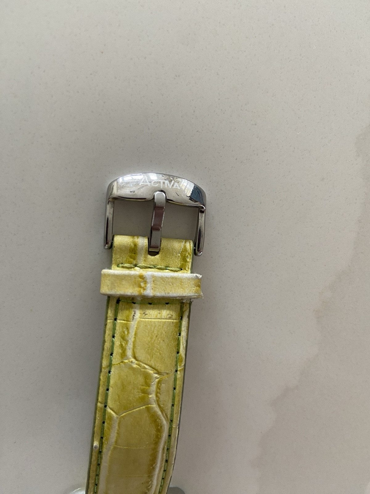 Activa Swiss Silver Tone Oval Case Yellow Canvas Leather Band Watch New Battery