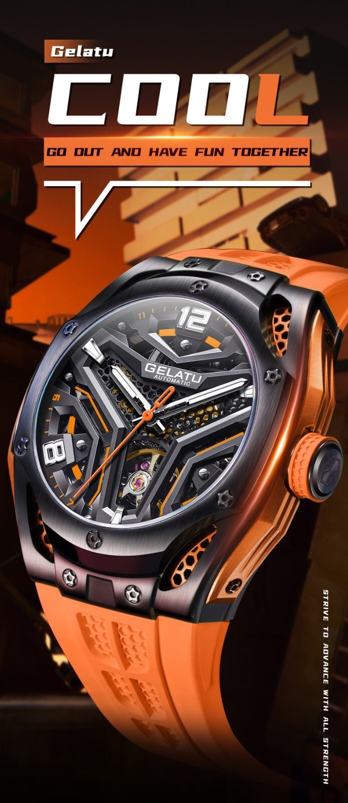 GELATU Men’s Skeleton Sport Automatic Mechanical Watch 5ATM Luminous Wristwatch