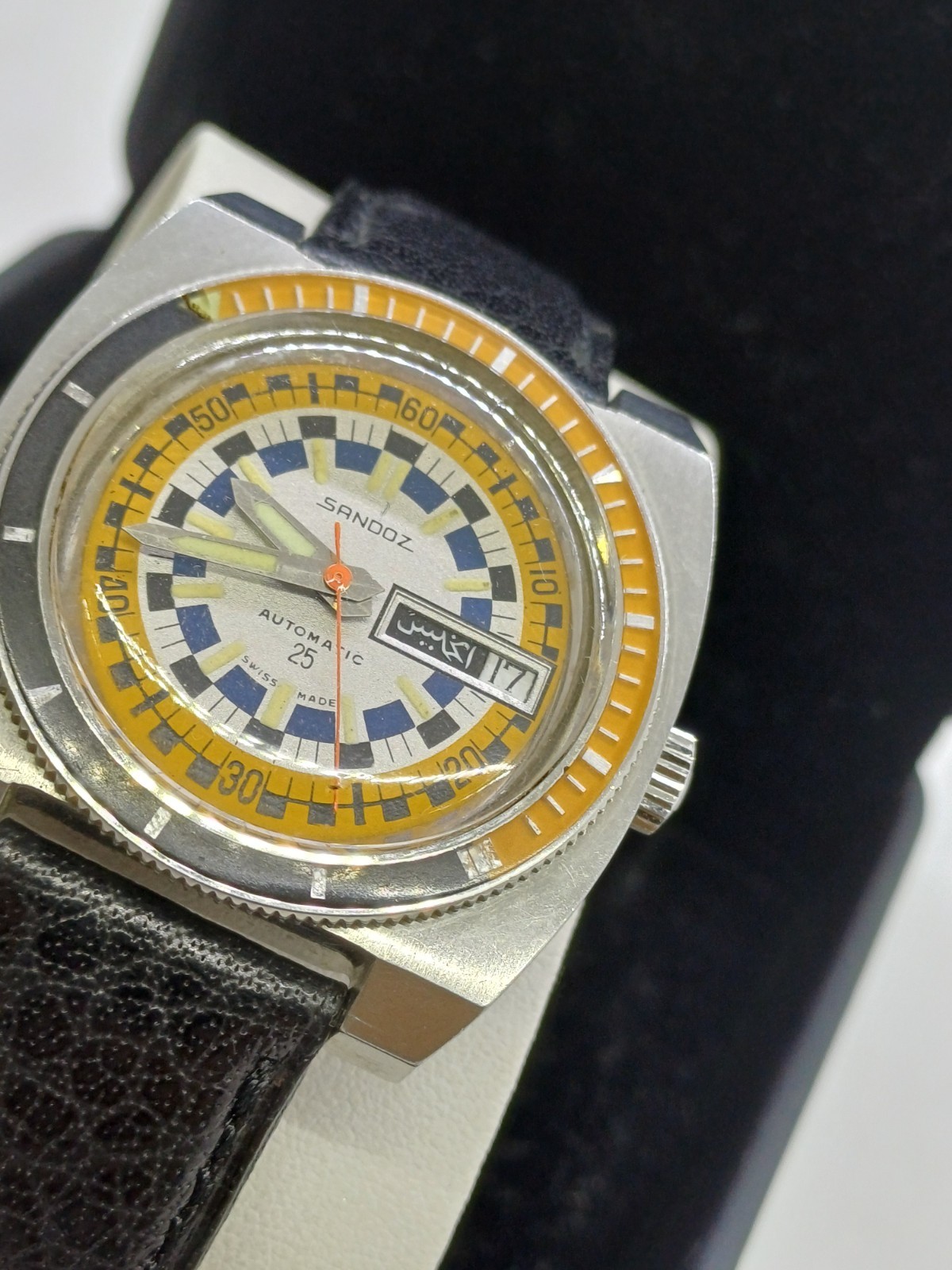 VINTAGE SANDOZ 1748Z-84-8 RALLY OVERSIZE DIVER AUTOMATIC WATCH MENS DAY DATE