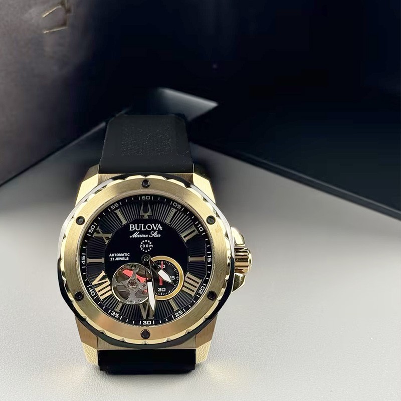 Bulova Marine Star 98A272 Automatic Men’s Watch Black Gold Dial Rubber Strap