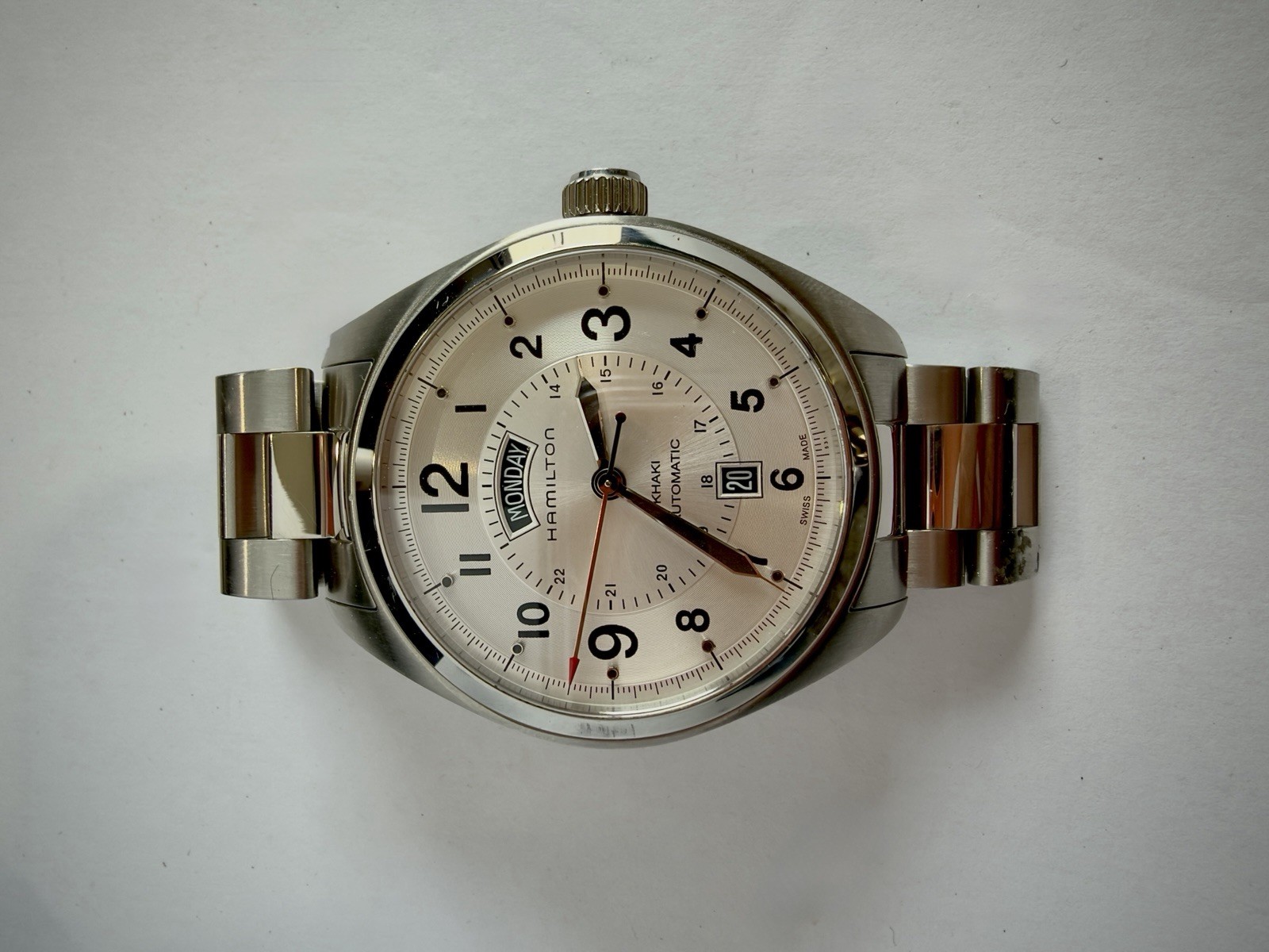 Hamilton Khaki Automatic Day/Date 42mm Silver Dial SS Bracelet Box Papers