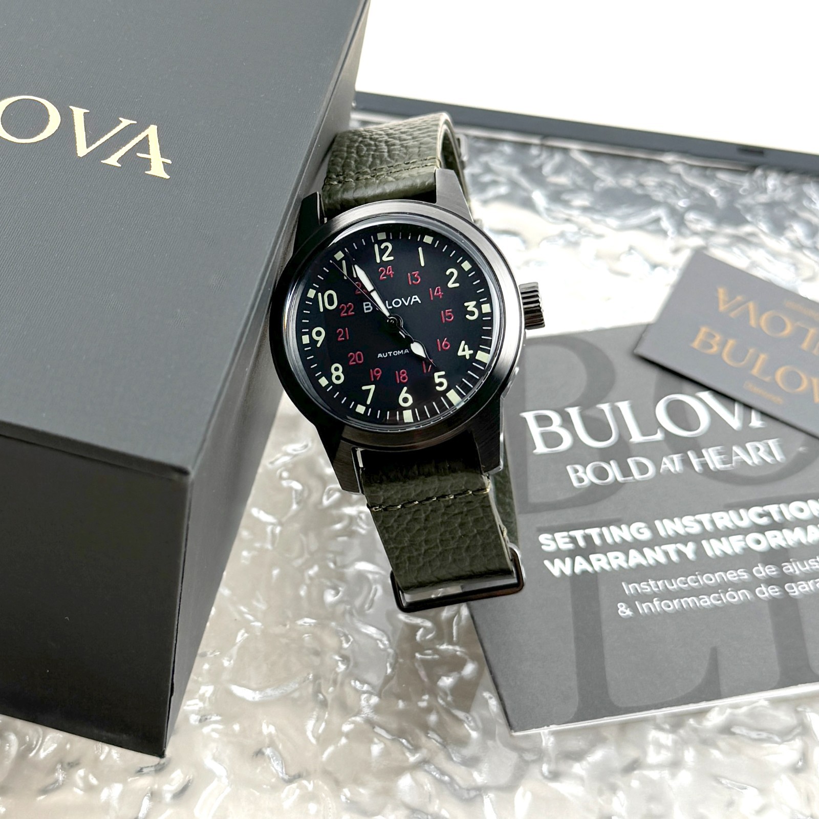 Bulova VWI Hack Automatic Black Dial Leather Strap Men’s Watch 98A255 38mm