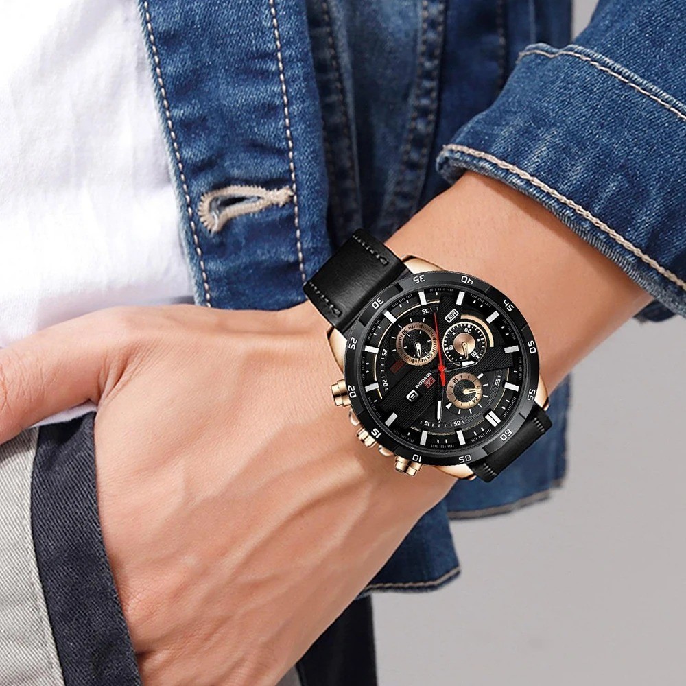 Men’s Watch Luxury Brand Waterproof Analog Quartz Calender Black Leather Band