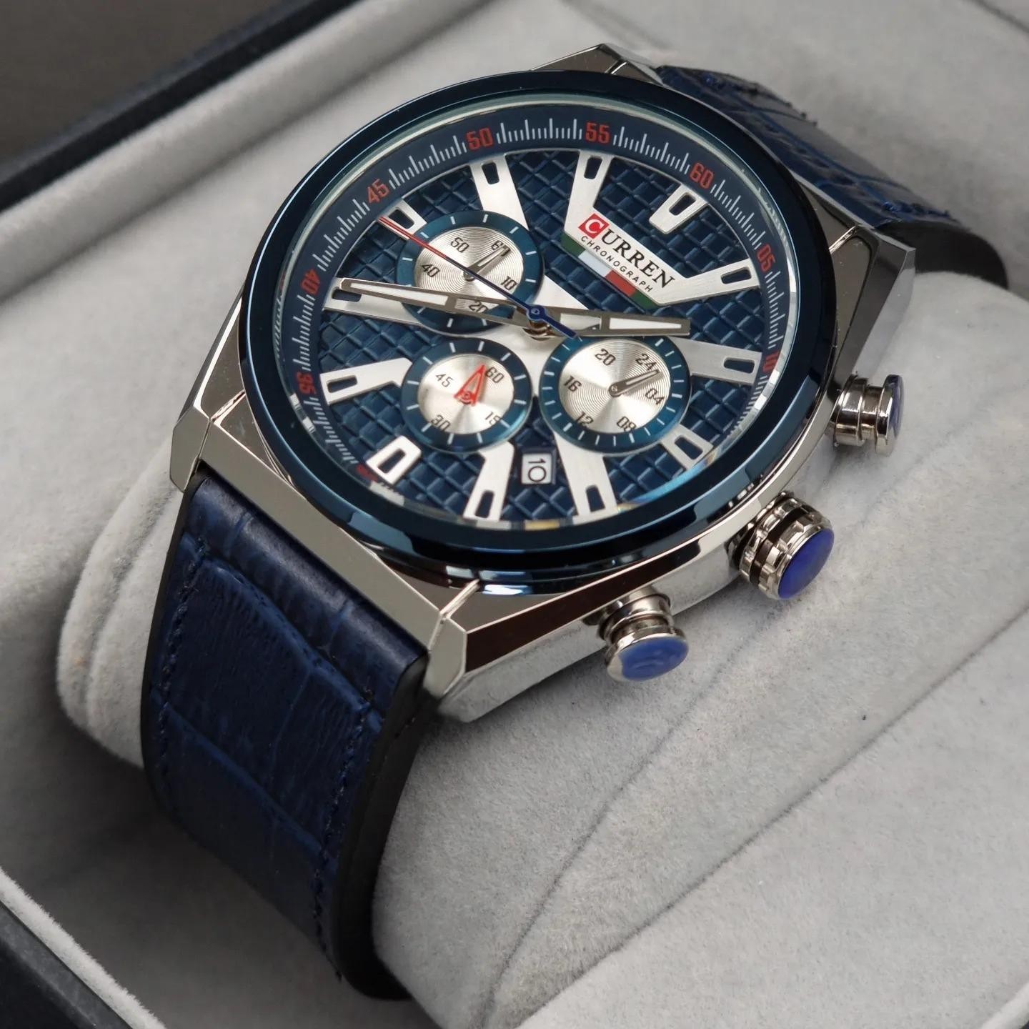 CURREN 8392 Mens Chronograph Watch Blue Leather Strap Quartz Date 46mm
