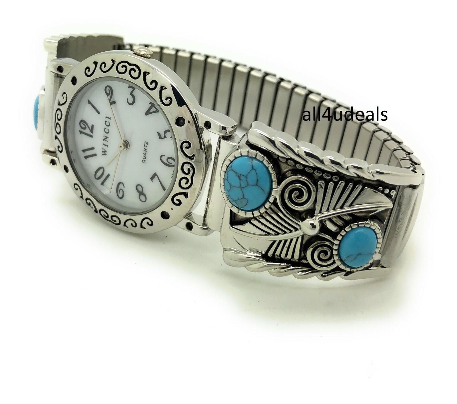 Mens Ladies Western Turquoise Stones Stretch Elastic Band Fashion Watch Wincci