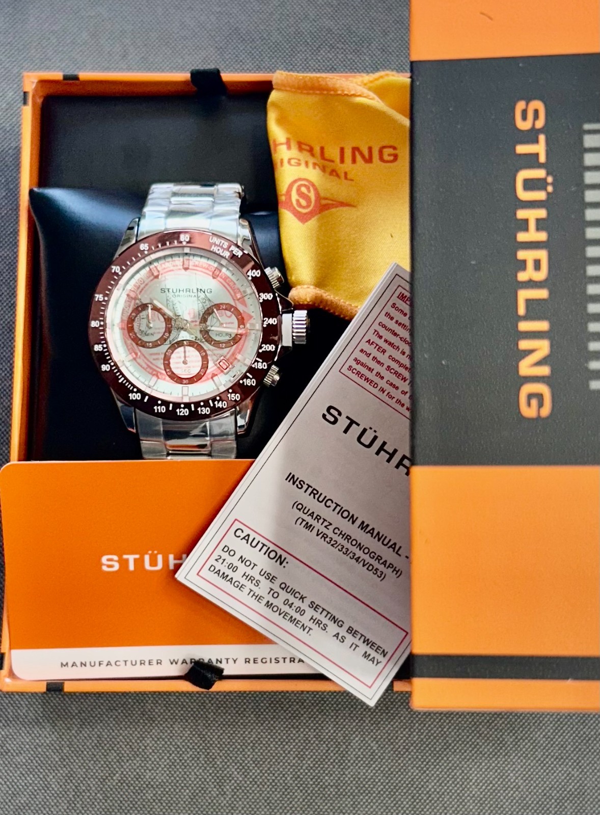 Stuhrling 3960 Ultima ChronoGraph, Ice Blue Dial, With Brown Bezel!! Brand New