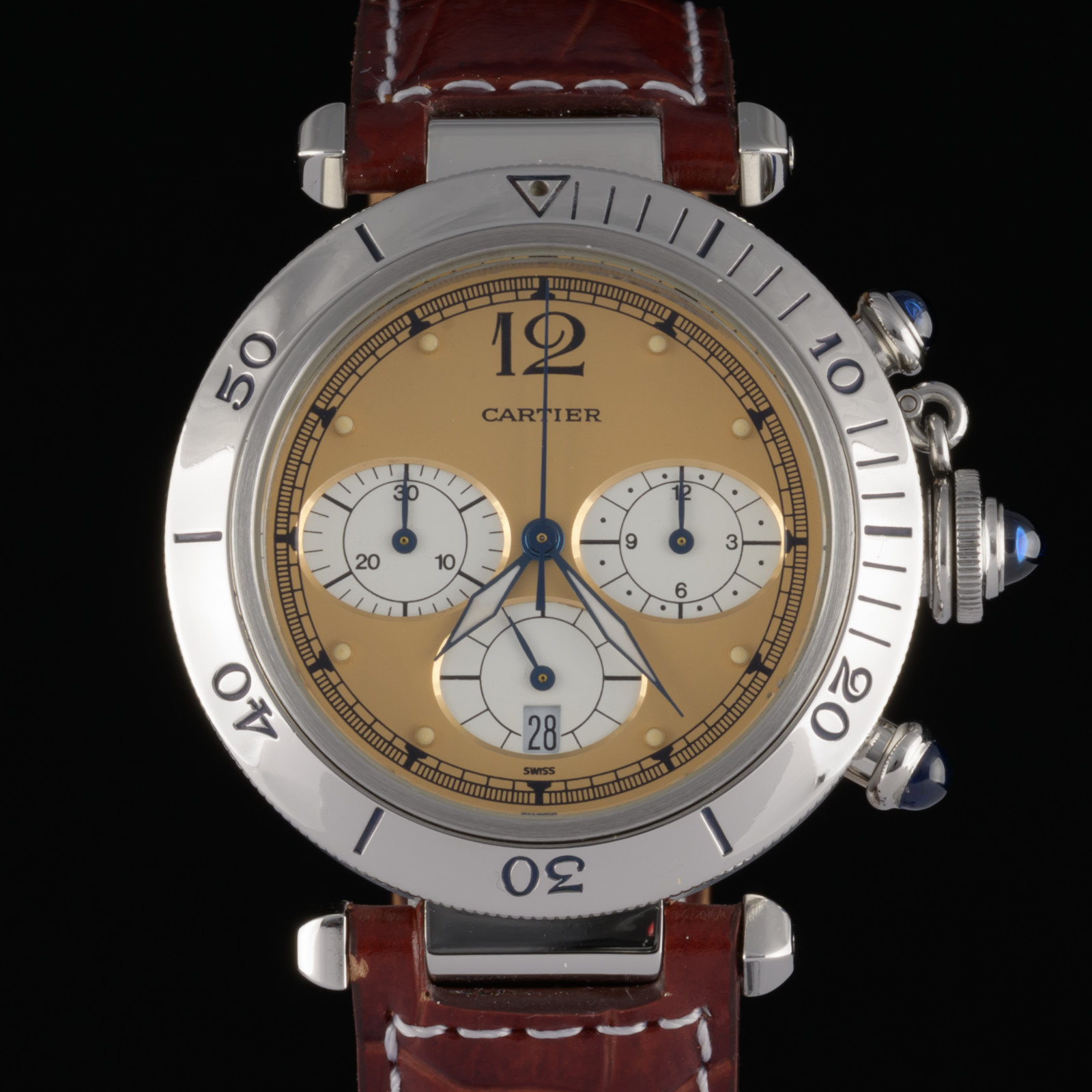 Serviced Cartier Pasha Chronograph 4030 Brown Dial 38mm Quartz Watch + Box