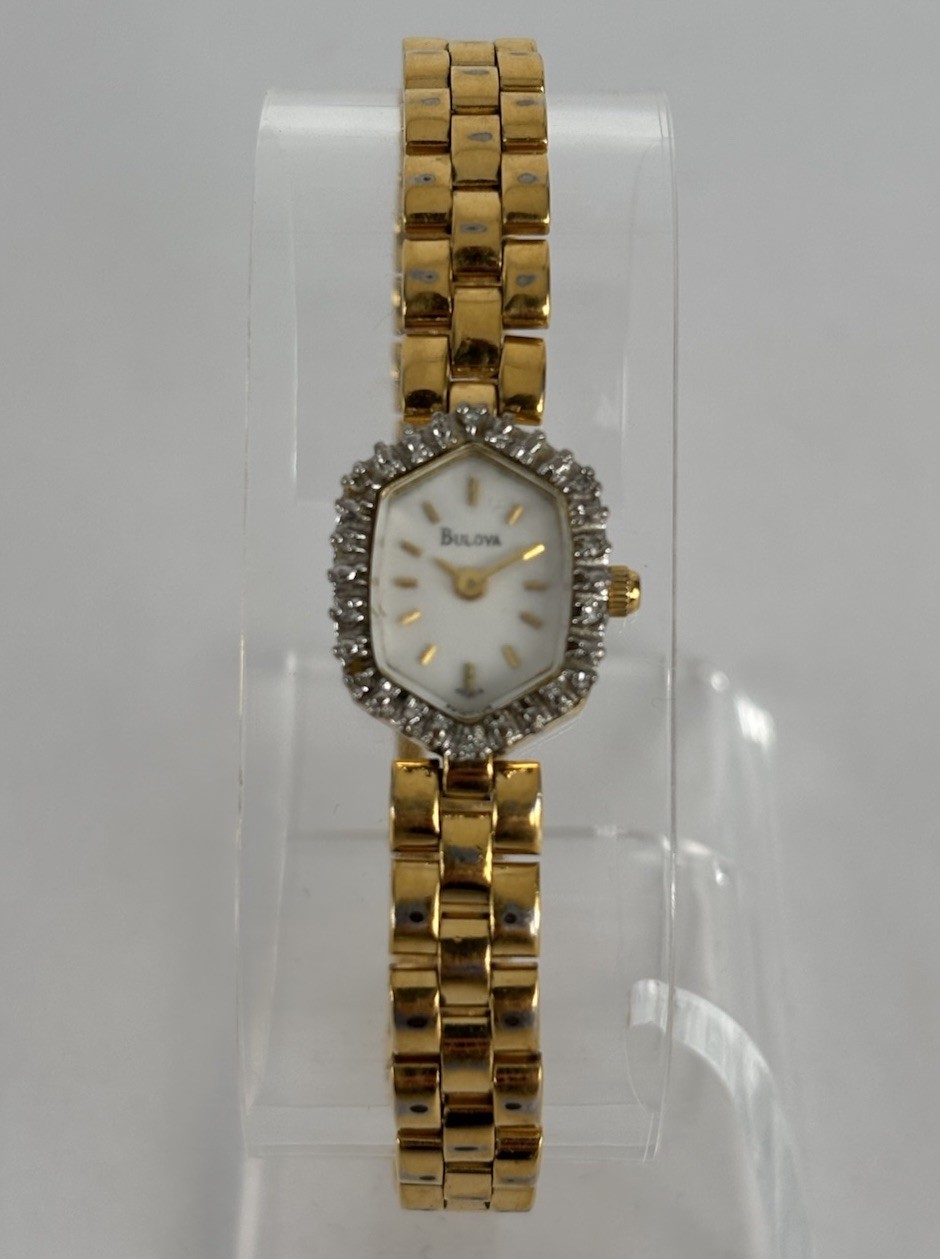 Bulova 15mm Gold Tone Gemmed Quartz Watch w/Bracelet & New Battery
