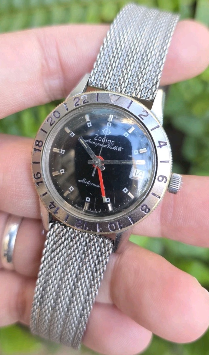 Vintage 1967 Zodiac Aerospace GMT 752 925 Automatic Black Dial men’s 35mm Watch