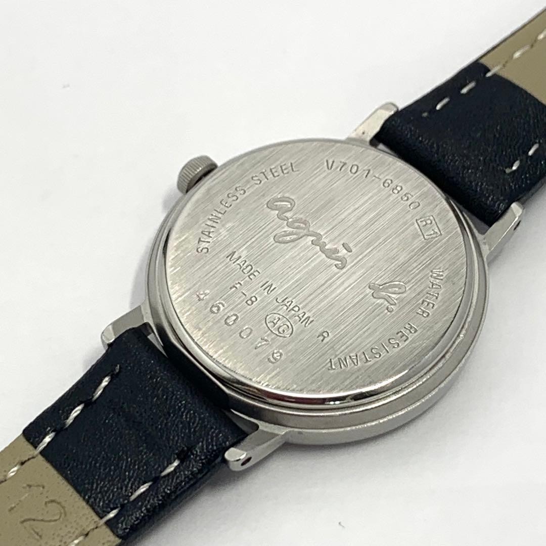 Agnes b. Quartz Analog Watch Black Leather Band Ivory Dial V701-6850