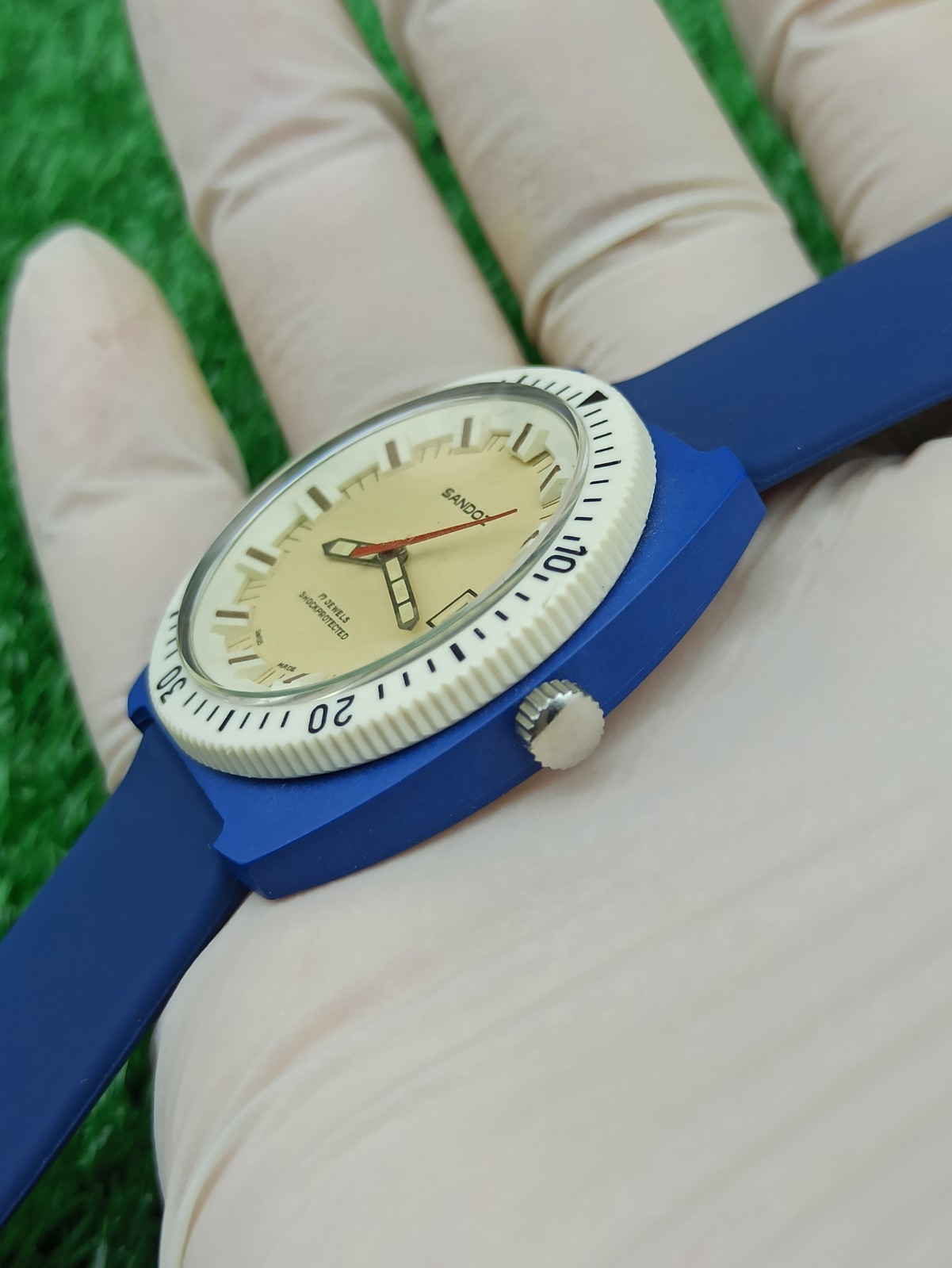 HYPER-RARE SANDOZ INCABLOC JUMBO DIVER BLUE WATCH MECHANICAL SWISS 1970s