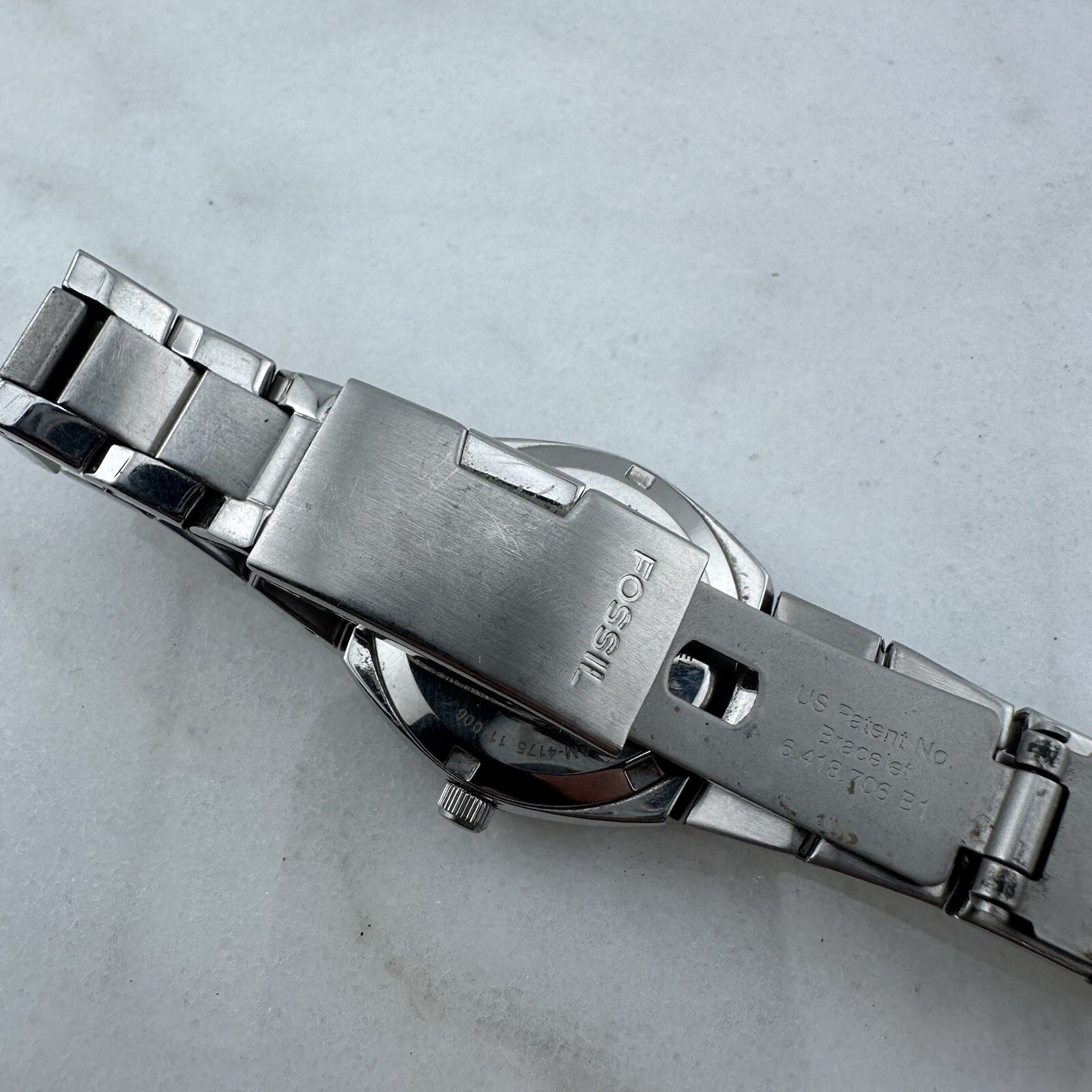 Fossil Flash Watch Women 28mm Silver Tone Date Bling MOP Dial New Battery Sz 6”