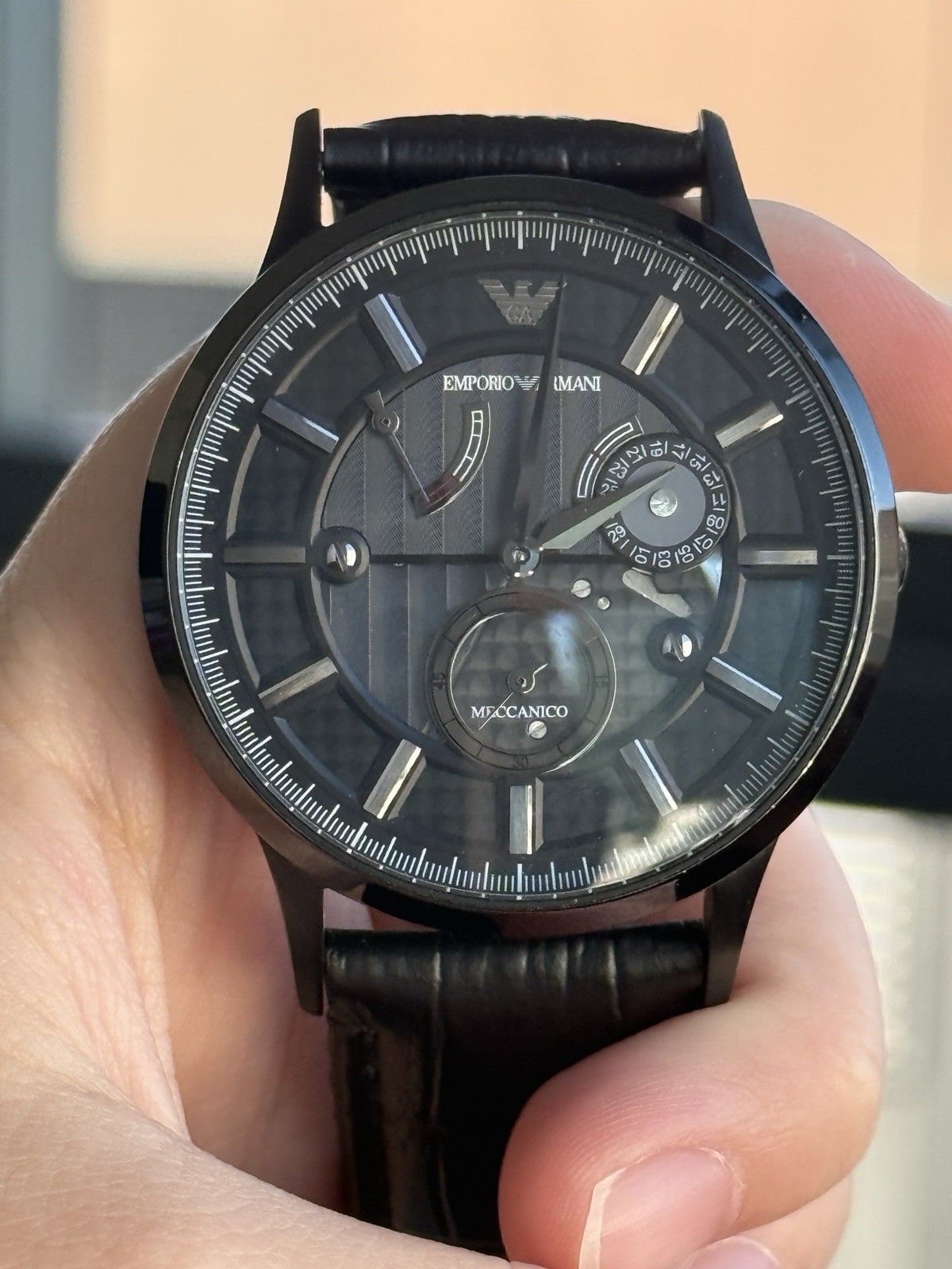 Emporio Armani AR4661 Automatic Men’s Watch Black Dial Leather Strap 28 Jewels