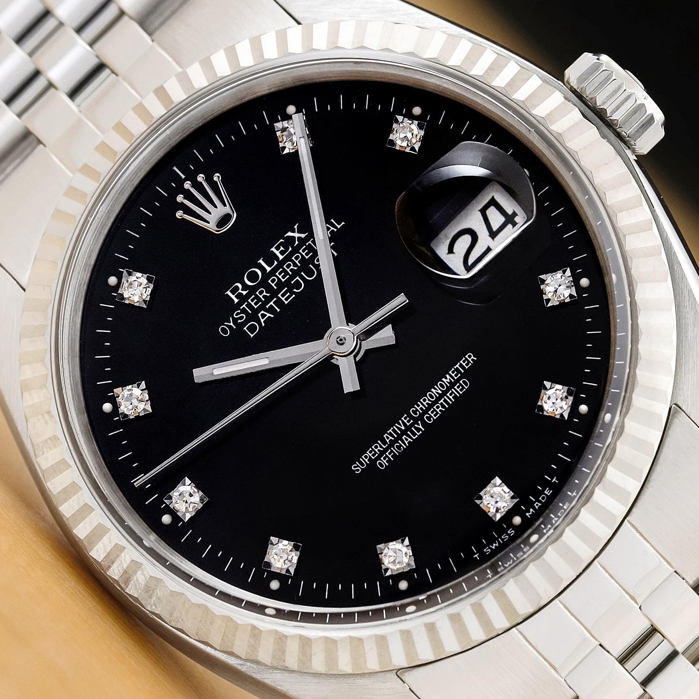 ROLEX MENS DATEJUST 16234 BLACK FACTORY DIAMOND DIAL 18K WHITE GOLD STEEL WATCH
