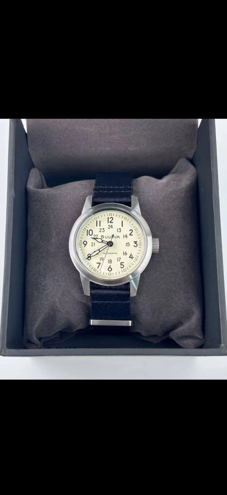 NEW✅AUTOMATIC✅ Bulova Hack Cream Dial Black Leather Strap Men’s Watch 96A246