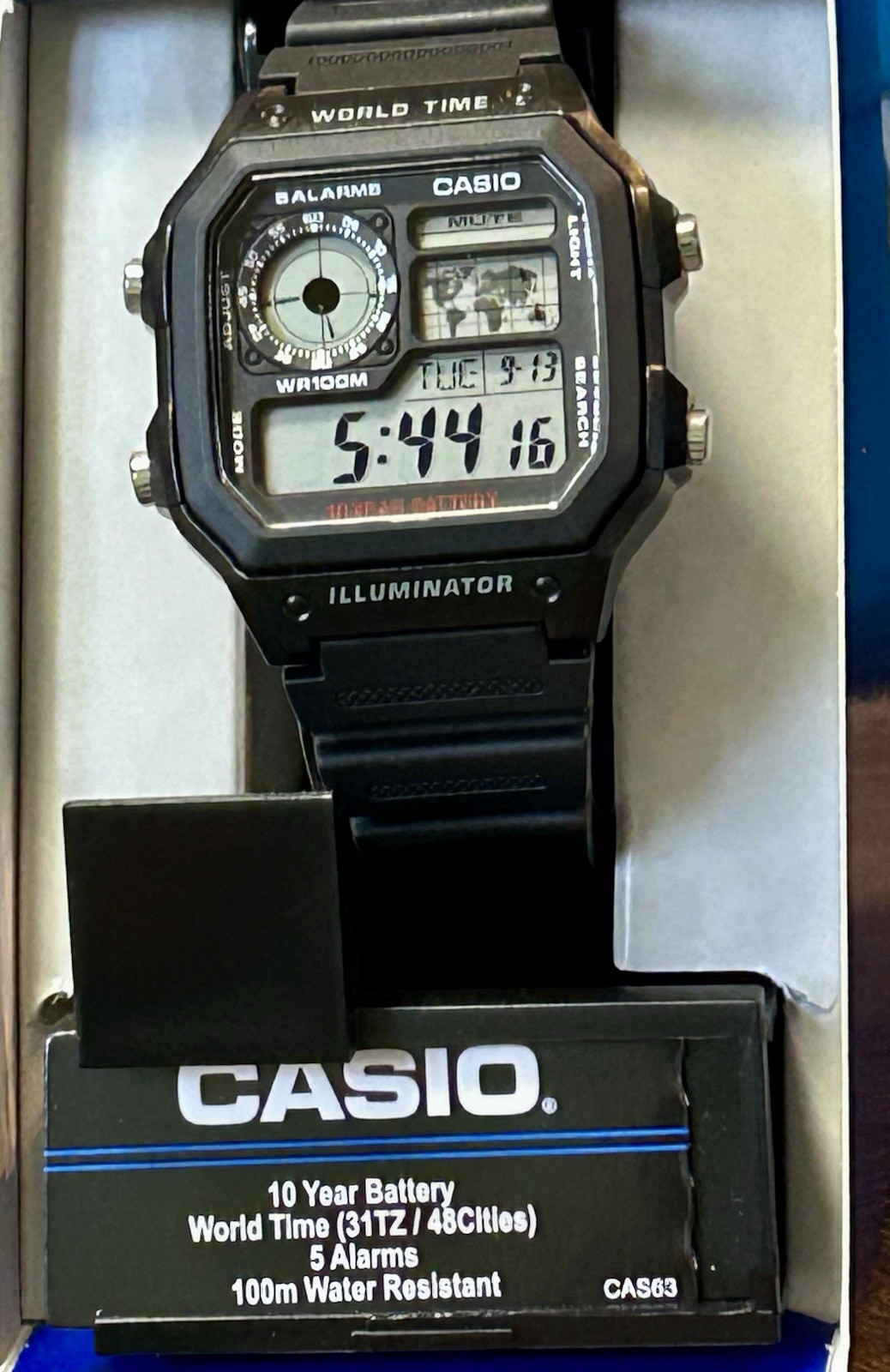 Casio World Time, 45mm, 8.5”, New Never Worn, In Box/Papers