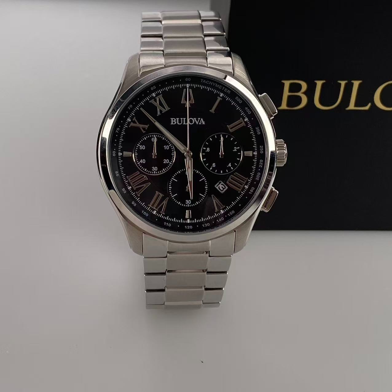 New Bulova Wilton Men’s Chronograph Quartz Watch Black Dial 96B288 46.5 mm