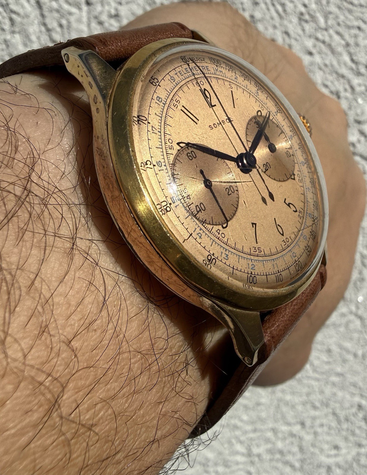 Vintage 1940s Sombol Chronograph Landeron Blue Telemeter Tachymeter Watch