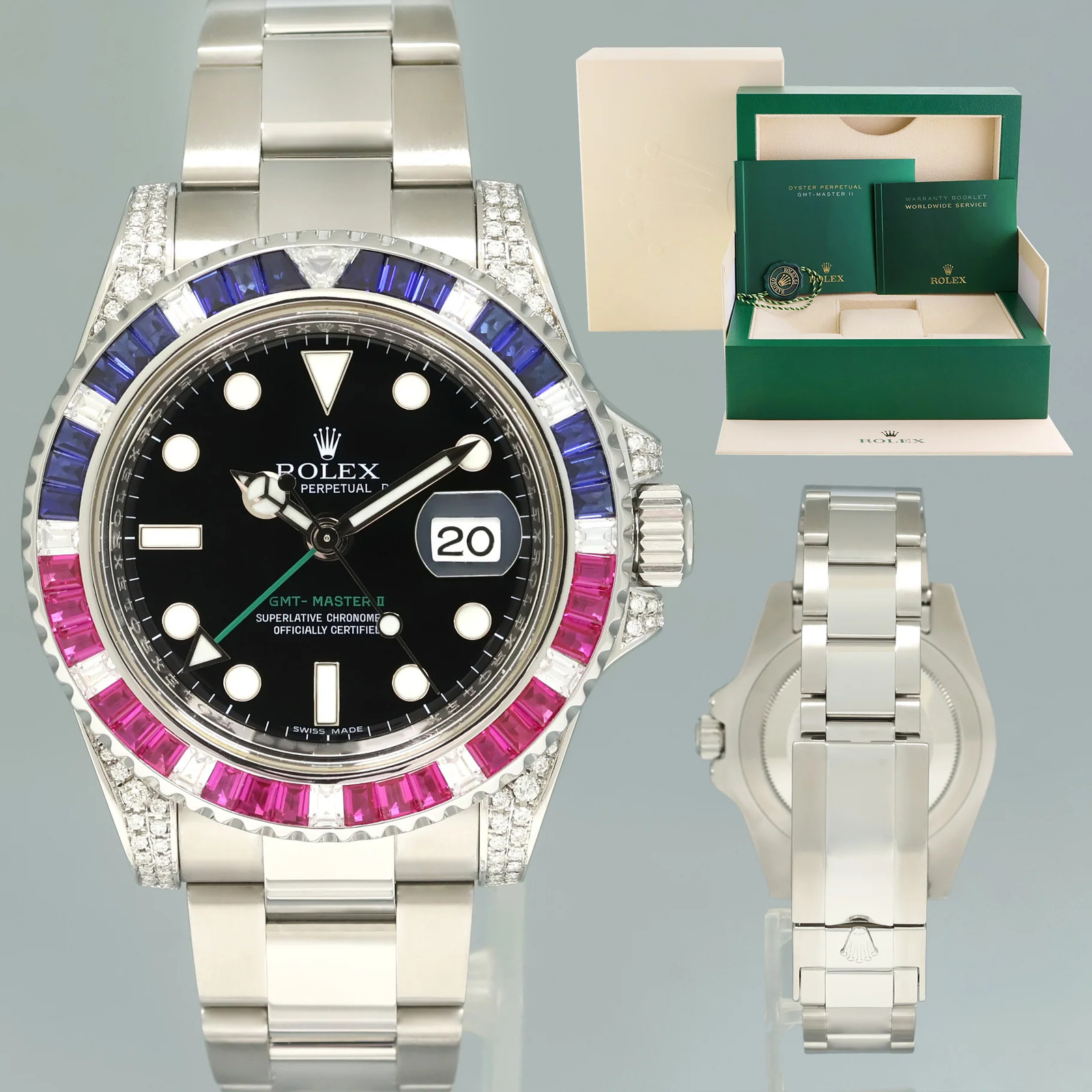 2017 MINT Diamond Ruby & Sapphire Rolex GMT Master II 116710 Steel 40mm Watch