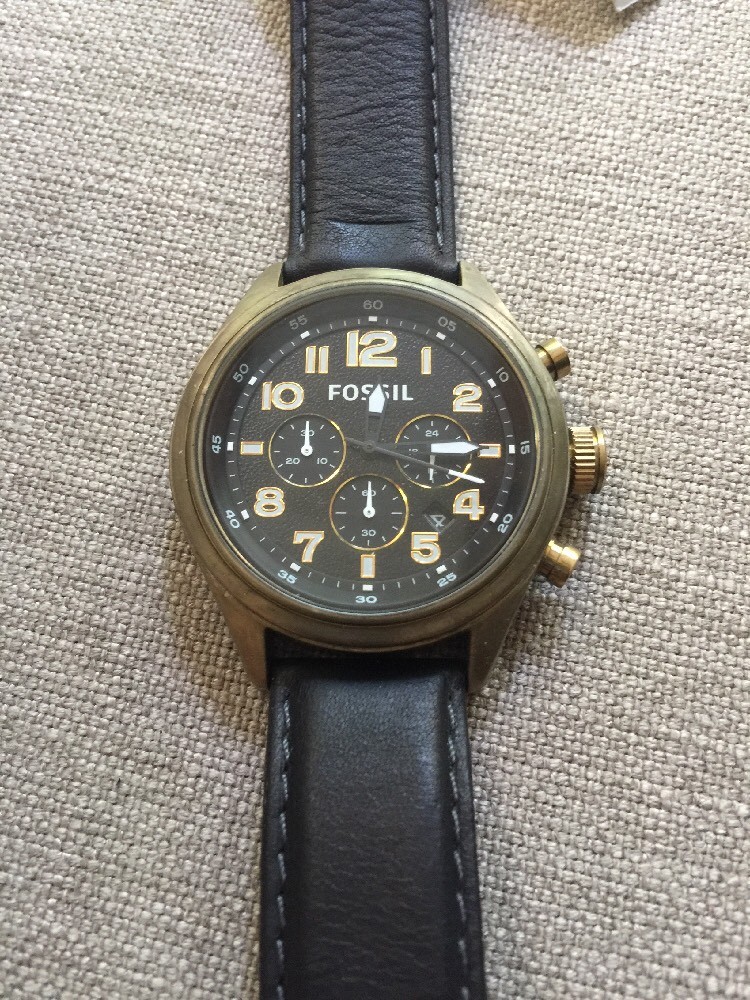 FOSSIL Vintage Bronze Chronograph Watch Black Leather Band DE5000