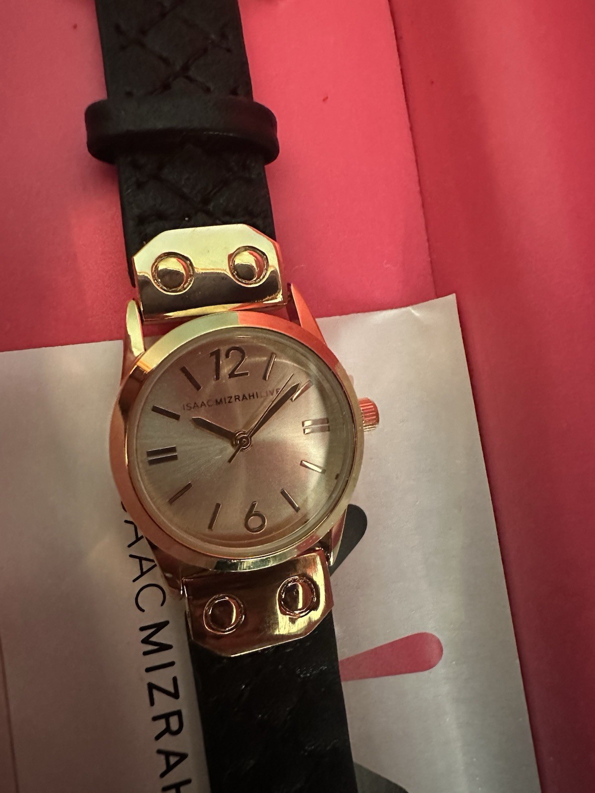 Isaac Mizrahi Live! Women’s Quartz Analog Gold Tone Watch Black Leather Strap