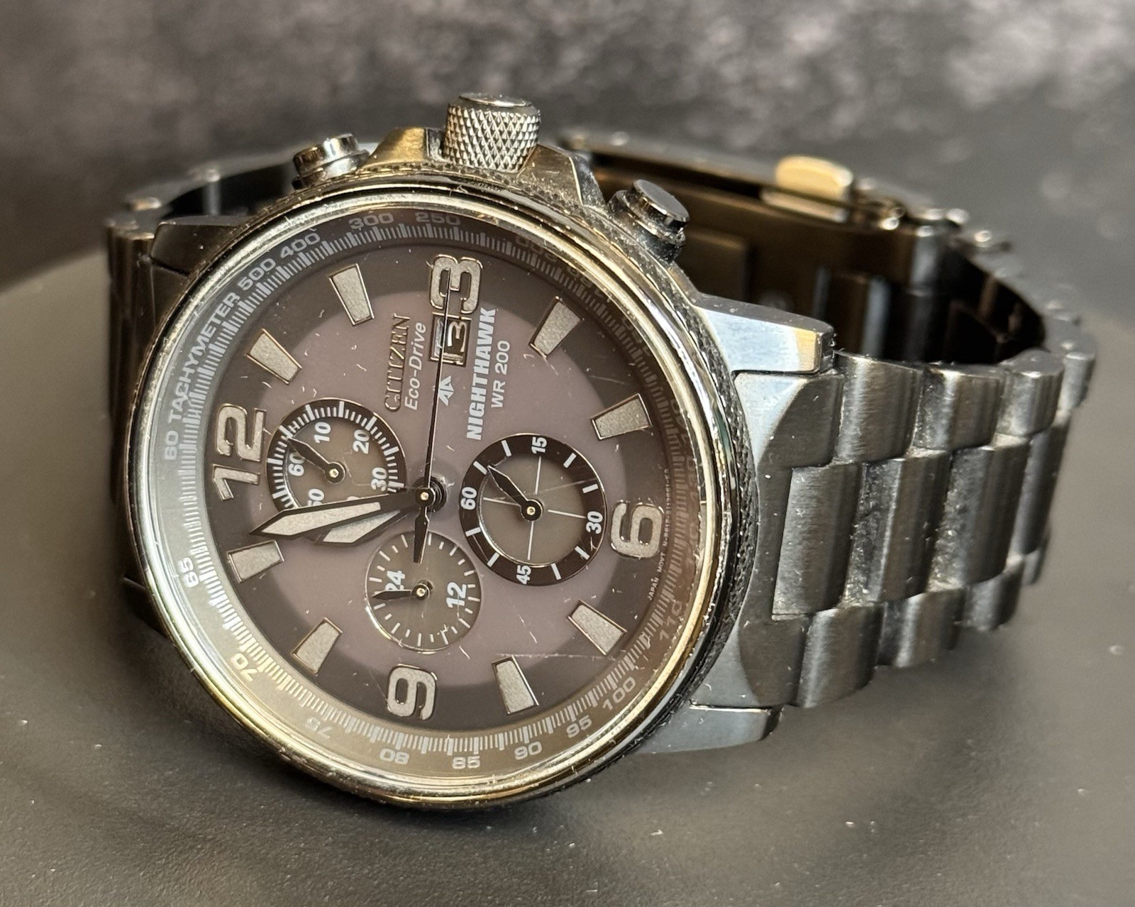 Citizen Eco-Drive Nighthawk Chronograph B612 Black Ion WR200 Men’s Watch – Runs