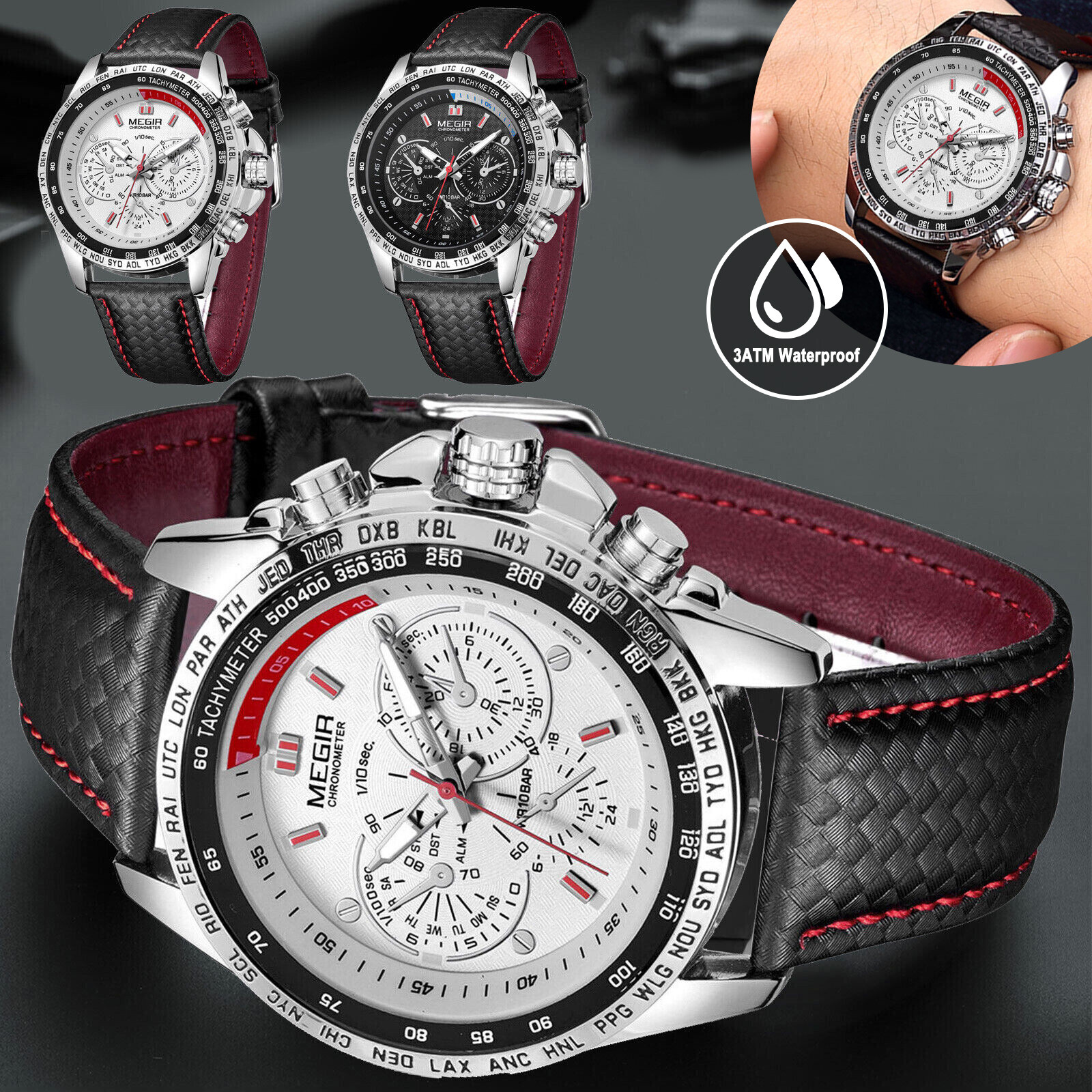Waterproof Men Stainless Steel Leather Analog Sports Quartz Military Wrist Watch